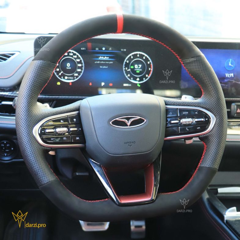 ترکیب چر فیبرکربن + چرم پانچ + دوخت قرمز