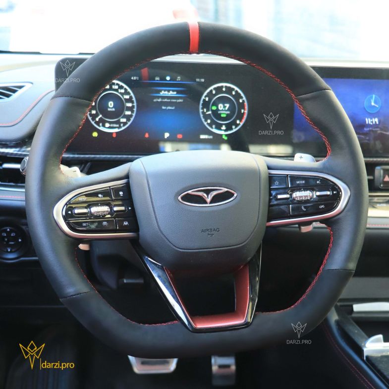 ترکیب چر فیبرکربن + چرم پانچ + دوخت قرمز